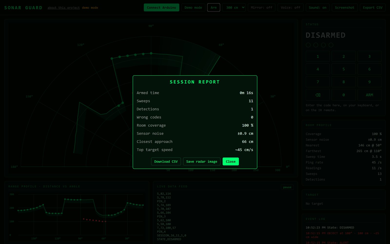 The session report after the code is entered. These numbers come from the simulator, not the real turret.